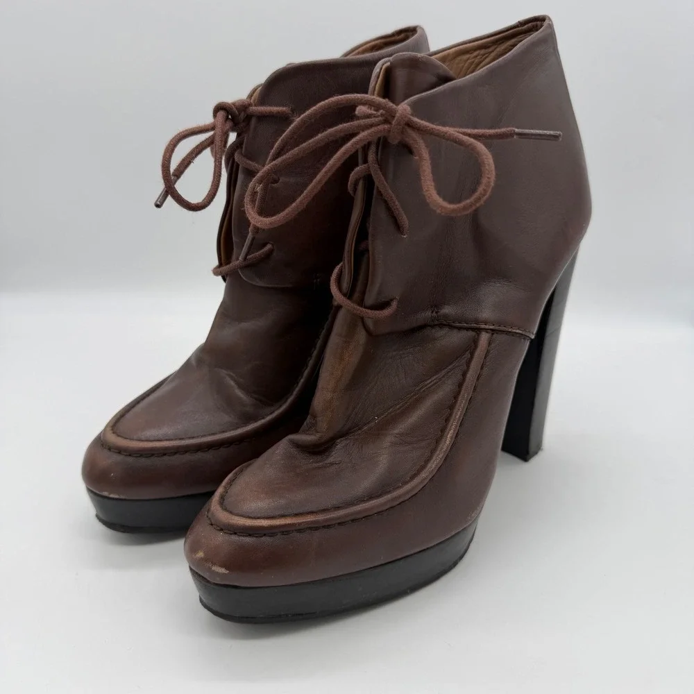 Zara Woman Vintage Y2K Brown Leather Lace Up Platform Ankle Boots Size 40